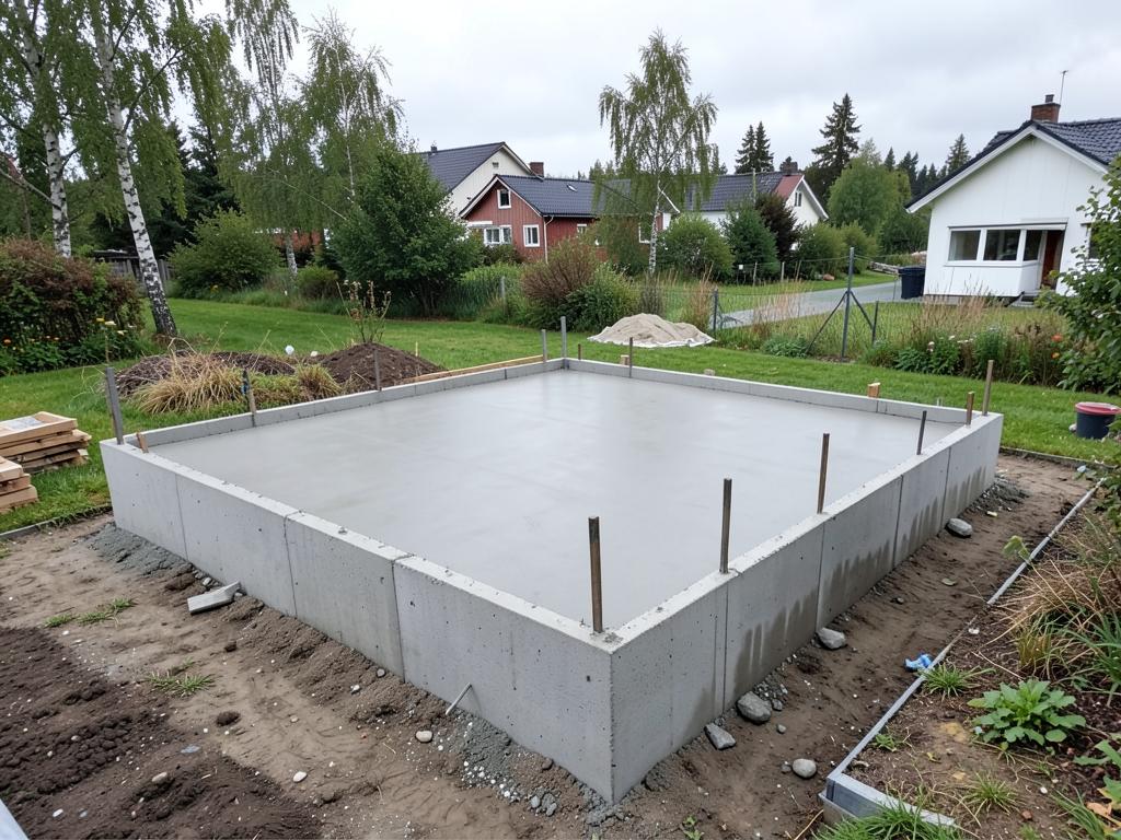 Gjuten betongplatta med kantformar på en villatomt