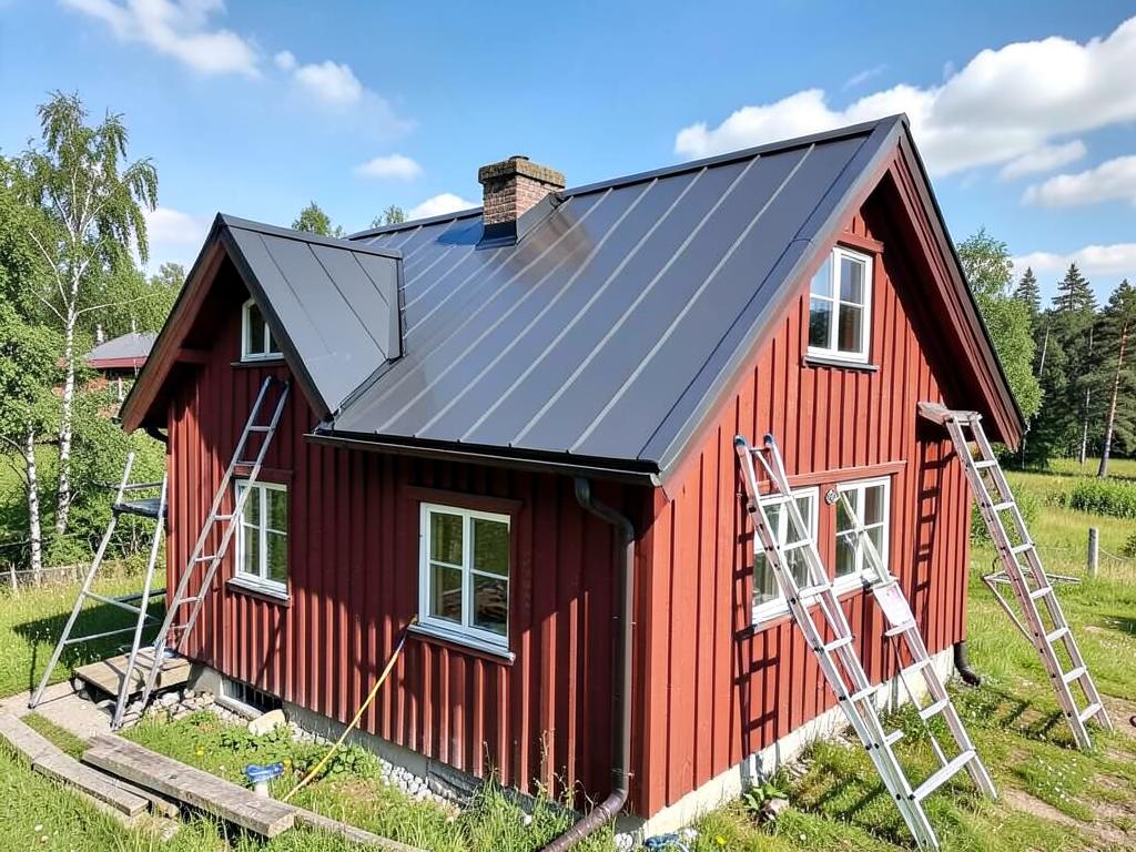 Rött trähus med nytt mörkgrått plåttak och stegar mot fasaden